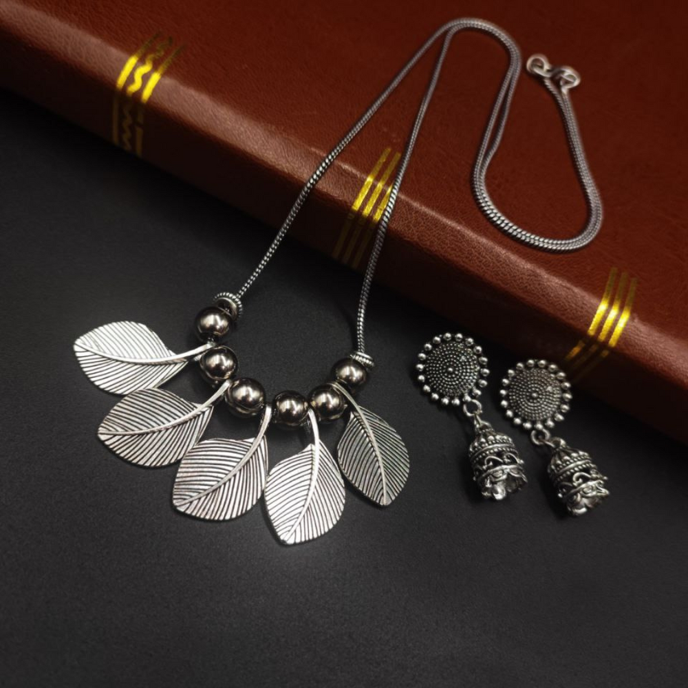 Designer Oxidised Leaf Chain Necklace With Jhumka Earrings