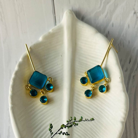 The Ocean Blue Stone Brass Earrings