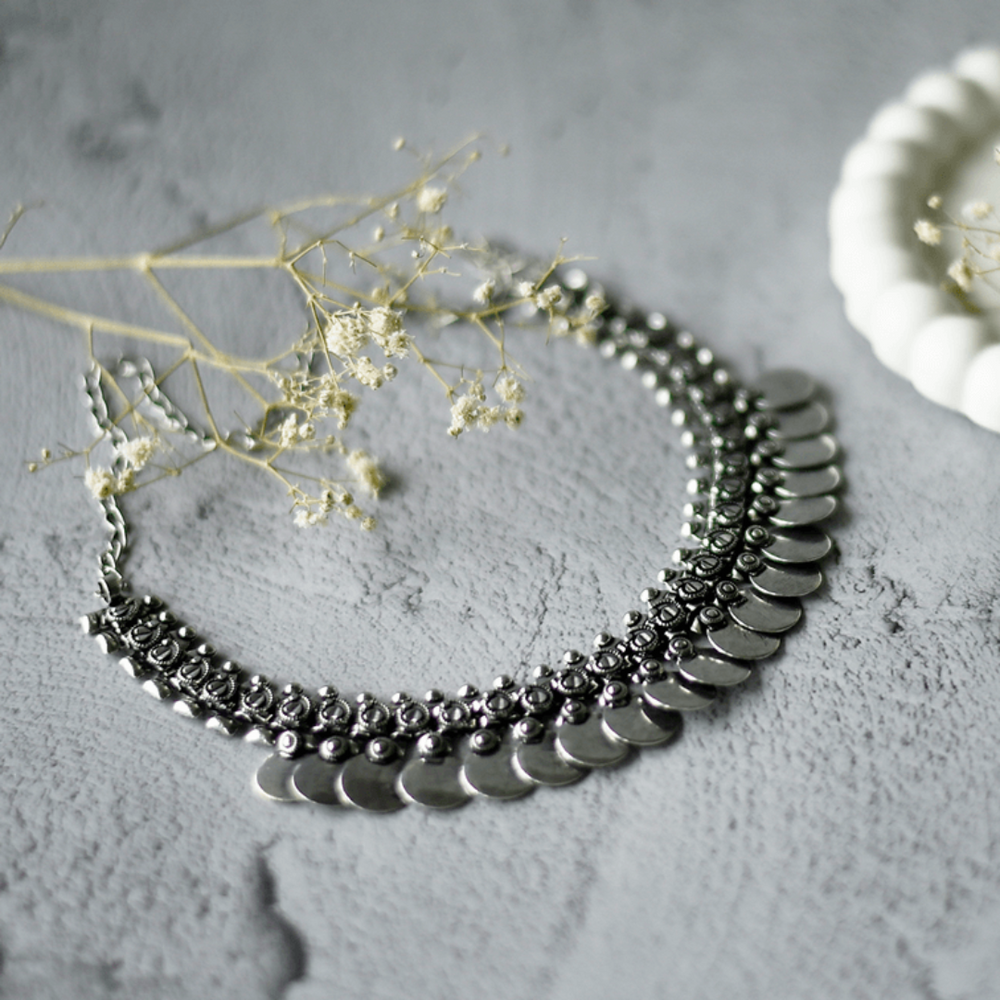 Oxidized Coin Choker Necklace | Simple Silver Plated Jewellery