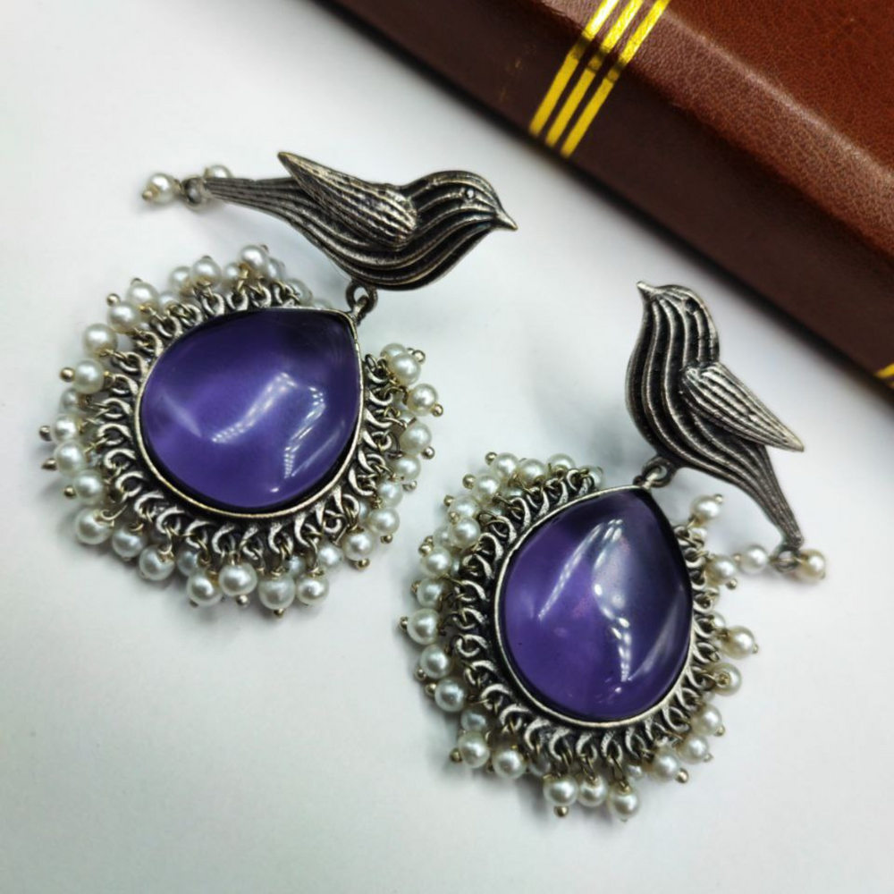 Silver Replica Oxidised Bird Dangler Earrings With Monalisa Stone