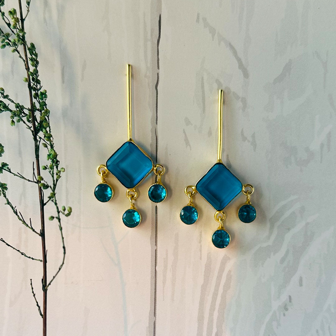 The Ocean Blue Stone Brass Earrings