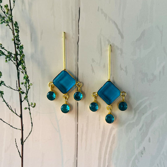 The Ocean Blue Stone Brass Earrings