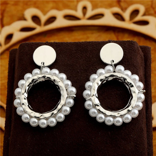 Silver Plated Ring Shaped Circular Pearl Drop Earring